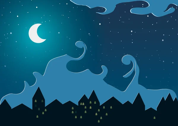 Ilustración vectorial. Ciudad nocturna contra las estrellas y la luna . — Vector de stock