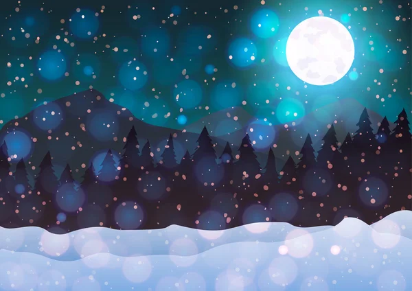 Illustration vectorielle. Noël. Paysage hivernal nocturne. Arbres sur fond bleu de chute de neige et de lune . — Image vectorielle