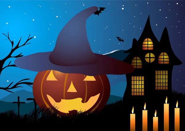 Vectorillustratie. Halloween. Pompoen hoed met kaarsen op een achtergrond van een oud huis. — Stockvector