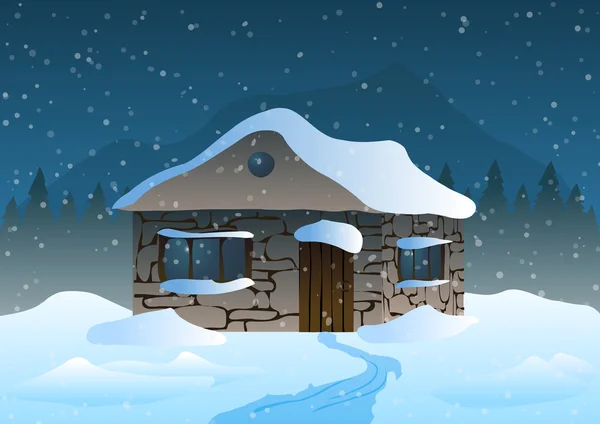 ภาพเวกเตอร์ บ้านในหิมะและภูเขา . — ภาพเวกเตอร์สต็อก