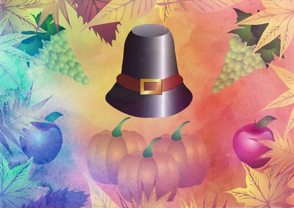 Dia de Acção de Graças. Chapéu, abóbora, maçãs de peru e uvas isoladas em um fundo de aquarela . — Fotografia de Stock