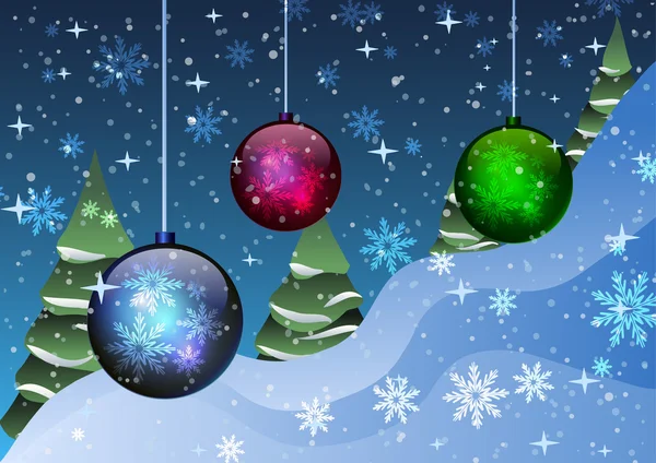 ベクトルの図。クリスマス ツリーと雪の背景の上のクリスマスのおもちゃ. — ストックベクタ