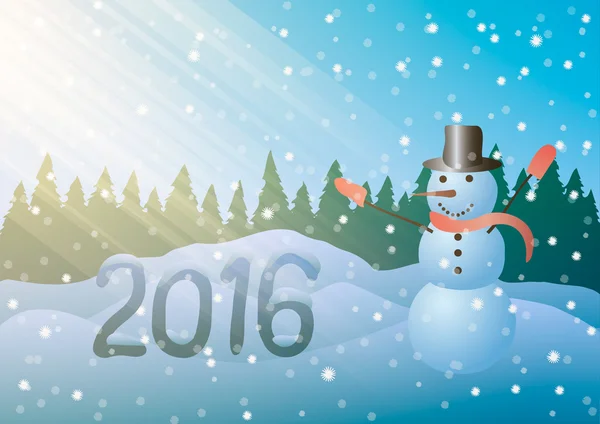 Illustrazione vettoriale. Capodanno 2016 Pupazzo di neve sullo sfondo degli alberi di Natale . — Vettoriale Stock