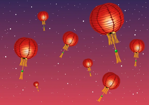 Векторная иллюстрация. Китайские фонари против заката и звезд . — стоковый вектор