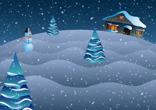 Ilustración vectorial. Navidad. La casa en una colina, árboles y muñeco de nieve . — Vector de stock