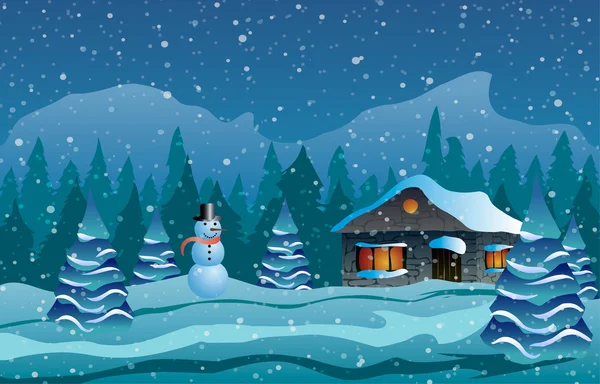 Navidad. La casa en la nieve, árboles y muñeco de nieve . — Vector de stock