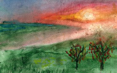 Suluboya günbatımında tepelerde.