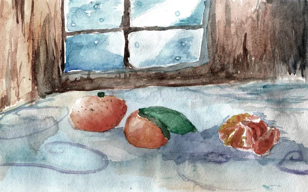 Aquarell-Mandarinen im Fenster im Winter. — Stockfoto