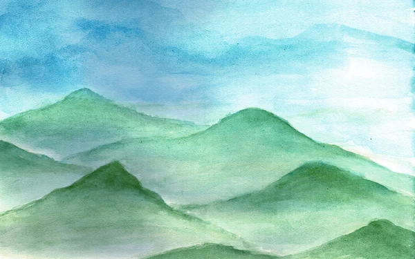 Pohoří v mlze v akvarel. — Stock fotografie