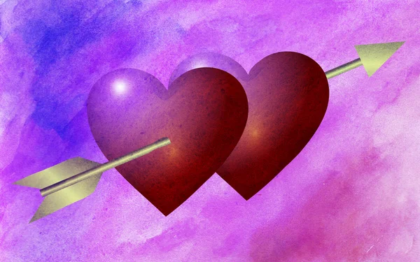 День Святого Валентина. Два красных сердца пронзили стрелой на фоне розовой акварели . — стоковое фото