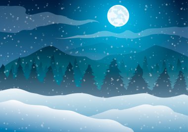 Vektör çizim. Noel. Gece kış manzarası. Mavi bir arka plan yağan kar, ay ve dağlar, ağaçlar.