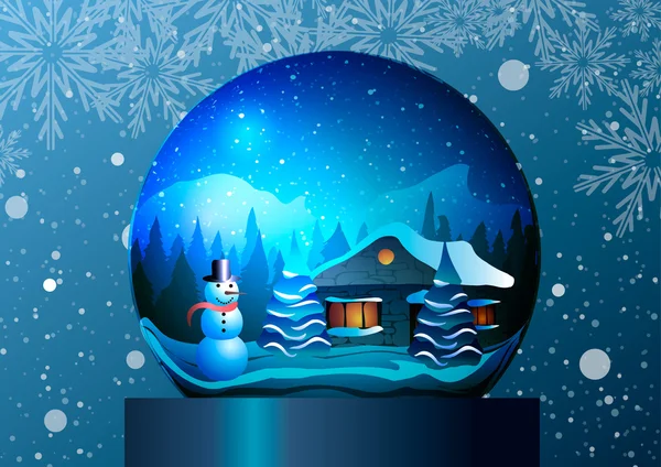 Ilustración vectorial. Casa de Navidad bajo una bola de vidrio sobre fondo de nieve . — Vector de stock