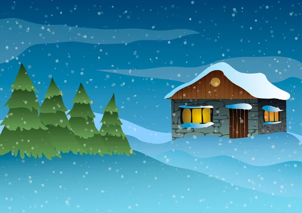 Ilustración vectorial. Casa en la nieve cerca de un árbol . — Vector de stock