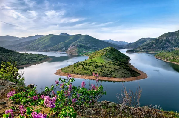 panoramic view of a large river dividing the mountains