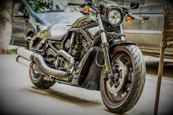 Handsome Classic Motorcycle in the Parking Lot Close-up