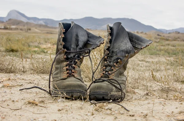 Dark High Leather Army Boots Stand Steppe Backdrop Mountains Close — Stock Photo, Image