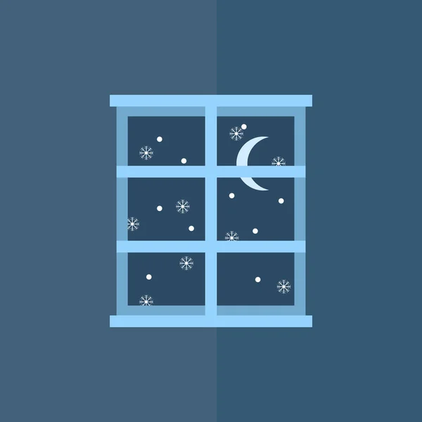 Fond Hiver Fenêtre Vue Nuit Avec Flocons Neige Design Plat — Image vectorielle