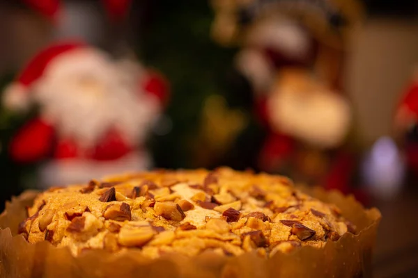 Fruit Panettone Covered Chestnuts Table Decorated Christmas Selective Focus — Stock Photo, Image
