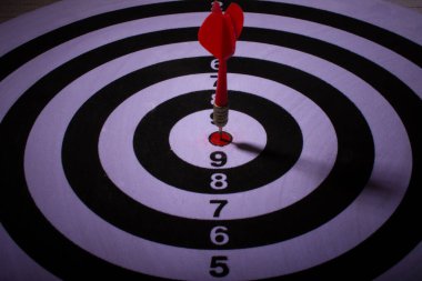 Siyah ve beyaz hedefin ortasına kırmızı ok saplanmış. Seçici odak.