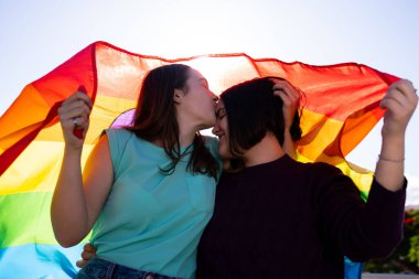 Lezbiyen kızlar kendilerini boyamaktan zevk alıyorlar ve LGTB bayrağıyla gurur günü konseptini boyuyorlar.