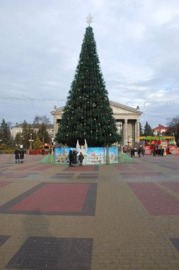Eski kasaba meydanındaki Noel ağacı. Noel ağacı, eski meydan, şehir, yapay, dallar, çelenkler, genel manzara, yeşil, mücevherler, iğneler, yeni yıl, oyuncaklar, ağaç, gövde.