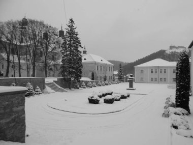   Eski kasabada Noel ağacı. Noel ağacı, eski kasaba.                           