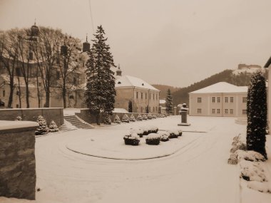   Eski kasabada Noel ağacı. Noel ağacı, eski kasaba.                           