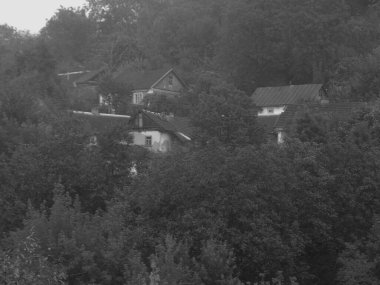 Ukrayna köyündeki ahşap ev. Ormanın kıyısındaki köy. Eski harap ev           