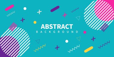 Çok renkli basit geometrik şekillere sahip soyut Memphis tarzı retro arka plan. Vektör İllüstrasyonu