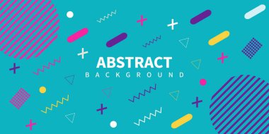 Çok renkli basit geometrik şekillere sahip soyut Memphis tarzı retro arka plan. Vektör İllüstrasyonu