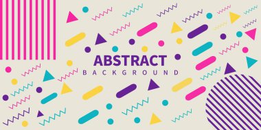 Çok renkli basit geometrik şekillere sahip soyut Memphis tarzı retro arka plan. Vektör İllüstrasyonu