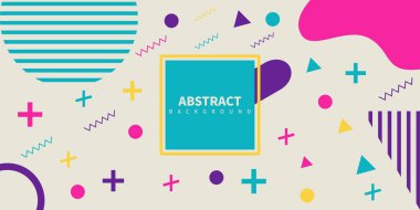 Çok renkli basit geometrik şekillere sahip soyut Memphis tarzı retro arka plan. Vektör İllüstrasyonu