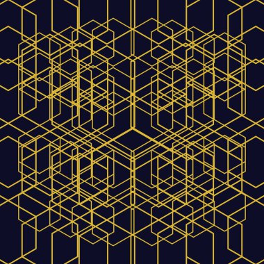 Çizgileri olan soyut geometrik şekiller. Kusursuz vektör arkaplanı. Koyu mavi ve altın rengi. Basit grafik tasarımı
