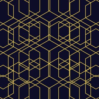 Çizgileri olan soyut geometrik şekiller. Kusursuz vektör arkaplanı. Koyu mavi ve altın rengi. Basit grafik tasarımı
