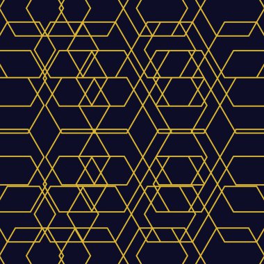 Çizgileri olan soyut geometrik şekiller. Kusursuz vektör arkaplanı. Koyu mavi ve altın rengi. Basit grafik tasarımı