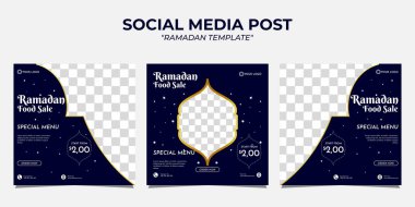 Ramazan yemekleri satışı sosyal medya paylaşımı ve İnternet afişi şablonu. Koyu mavi arkaplan