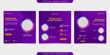 Sosyal medya hikayelerinin yaratıcı tasarım koleksiyonu koyu mor bir arkaplanda şablonlar yayınlıyor. Bu iş webinar, pazarlama webinar, çevrimiçi sınıf programı, vs. için uygundur.