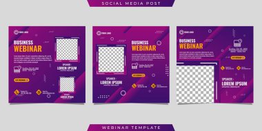 Sosyal medya hikayelerinin yaratıcı tasarım koleksiyonu koyu pembe gradyan arka planda şablonlar yayınladı. İşletme webinarı, pazarlama webinarı, çevrimiçi sınıf programı vs. için harika.