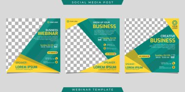 Sosyal medya hikayelerinin yaratıcı tasarım koleksiyonu yeşil ve sarı arka planda şablonlar yayınlıyor. İşletme webinarı, pazarlama webinarı, çevrimiçi sınıf programı vs. için harika.
