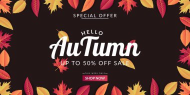 Sonbahar indirimi arka plan şablonu renkli yapraklarla dekore edildi. Pankart, poster, broşür vs. için uygun.