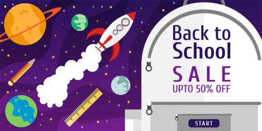 Okula geri dön. Arka plan satış promosyonu. Reklam afişi ve uzay tasarımı.