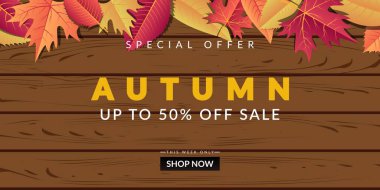 Ahşap ahşap ve renkli yapraklarla dekore edilmiş sonbahar indirimi arka plan tasarımı. Pankart, poster, broşür, reklam vesaire için uygun.