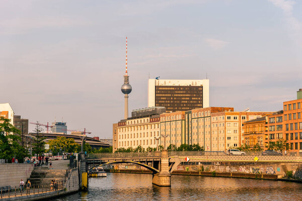 Berlin, Germany - July 28, 2019: Cityscape of Berlin from Spree River on a summer evening