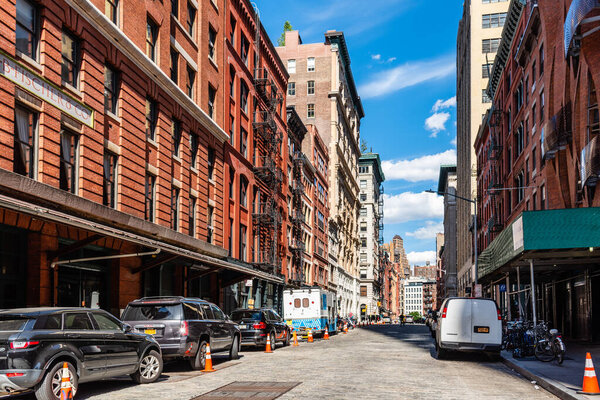 New York City, USA - June 25, 2018: Street scene in Tribeca District of Manhattan a sunny day of summer