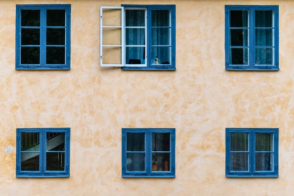 Sechs blau gestrichene Holzfenster an der Gipswand — Stockfoto