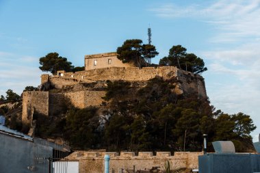 The ancient Denia Castle, a prominent landmark, is captured from a low angle, showcasing its impressive stone structure against a clear blue sky. The castle is surrounded by lush greenery.