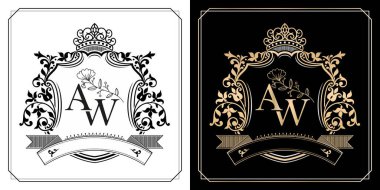 Kraliyetin kraliyet tacına sahip ilk mektup, taç ile AW kraliyet amblemi, ilk harf ve grafik isim Çerçeve çizimler çiçek tasarımları iki varyasyon renk amblemi ve monogram logosu.