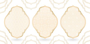 İslami şablon çerçeveli ve altın çizgili, izole beyaz arkaplan. Üç şablon tasarım değişiklik biçimi, afiş, poster, el ilanı, tebrik kartı, İslami kutlama daveti için uygulanabilir.