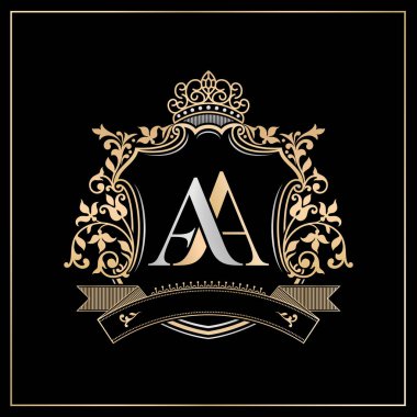 Taç ile AA kraliyet amblemi, altın rengi siyah etiketler, ilk harf ve grafik isim Çerçeve çizimleri çiçek tasarımları sınırı, AA Monogram, semboller için, ilk harf çerçeveleri sınır, düğün çifti adı