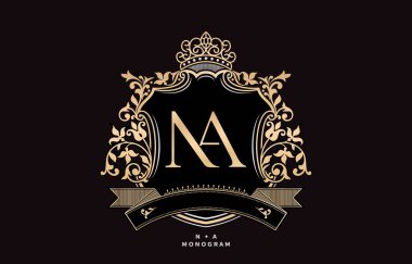 Taç ve süs desenli ilk mektup, çiçek desenleri çerçeveleri ve sınırları, NA Monogram için uygulanabilir, amblem, nikah çifti adı, rozet primi.